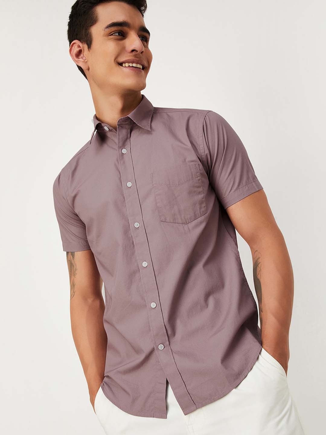 

max Men Spread Collar Solid Cotton Casual Shirt, Orange