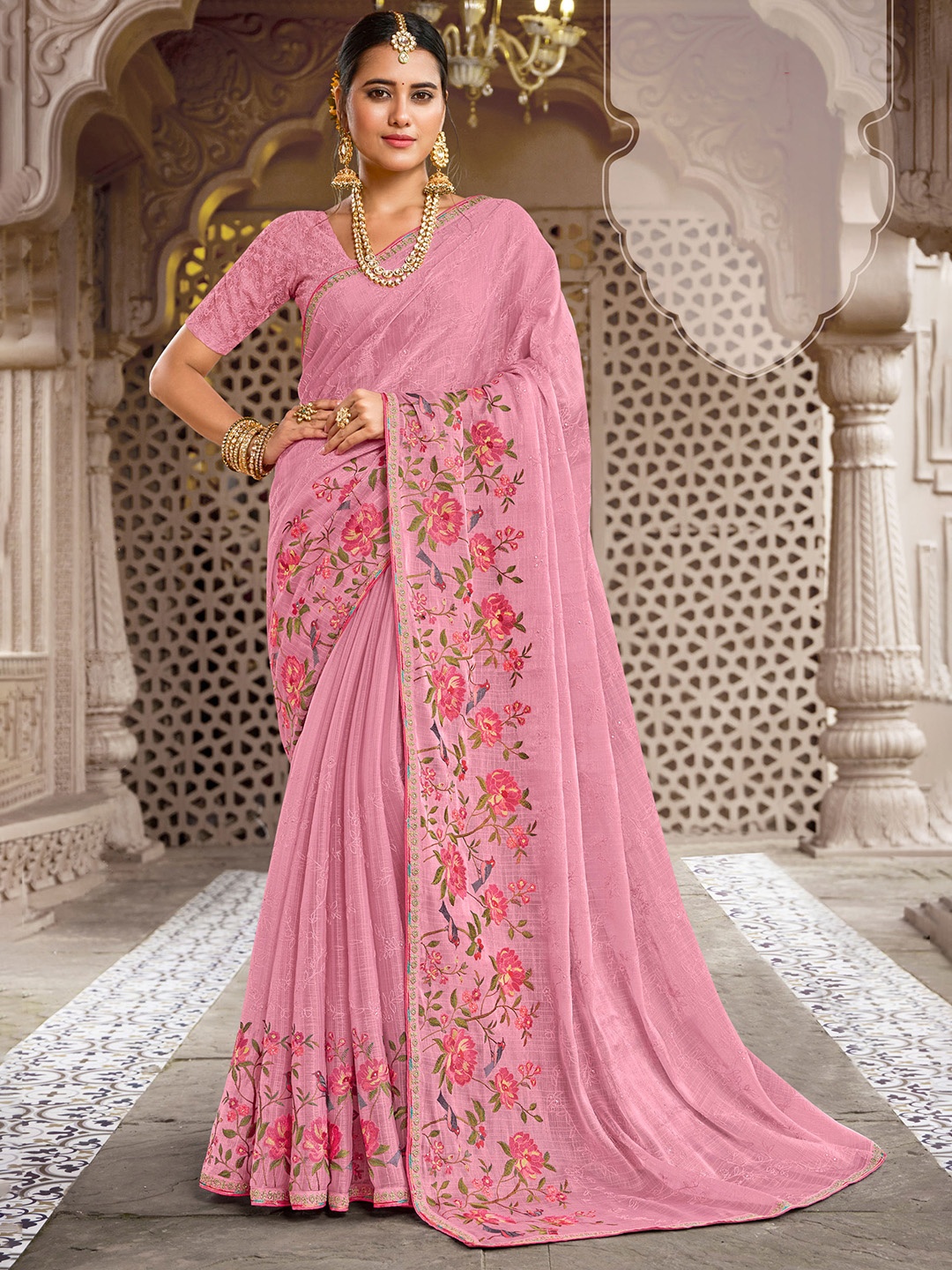 

Laxmipati Floral Embroidered Saree, Pink