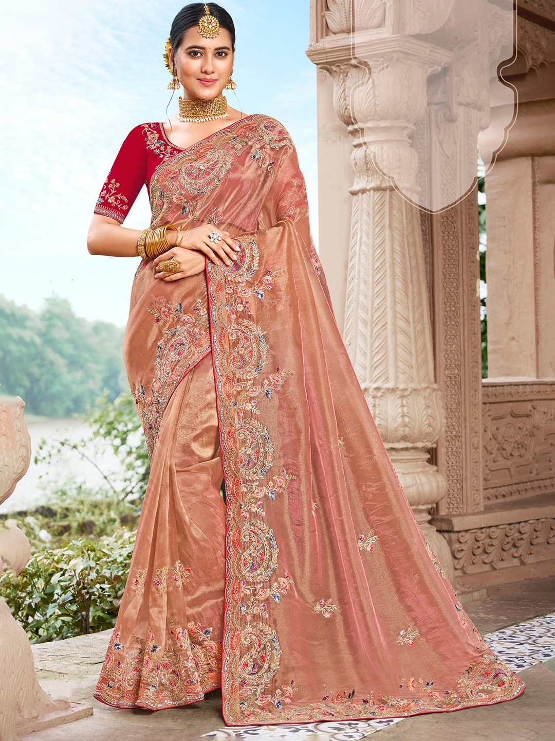 

Laxmipati Floral Embroidered Organza Saree, Peach