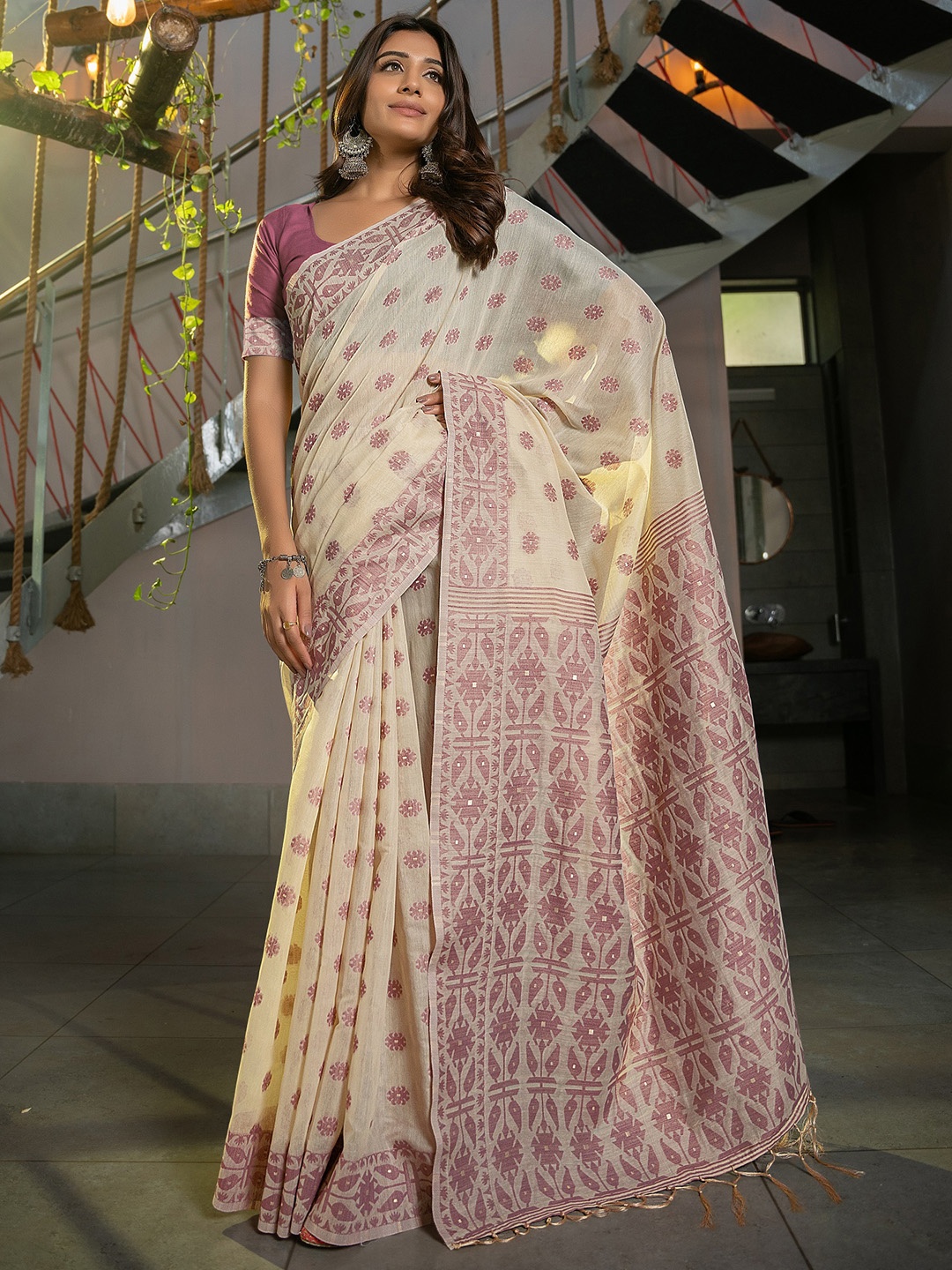 

MAHALASA Ethnic Motifs Pure Cotton Saree, Mauve