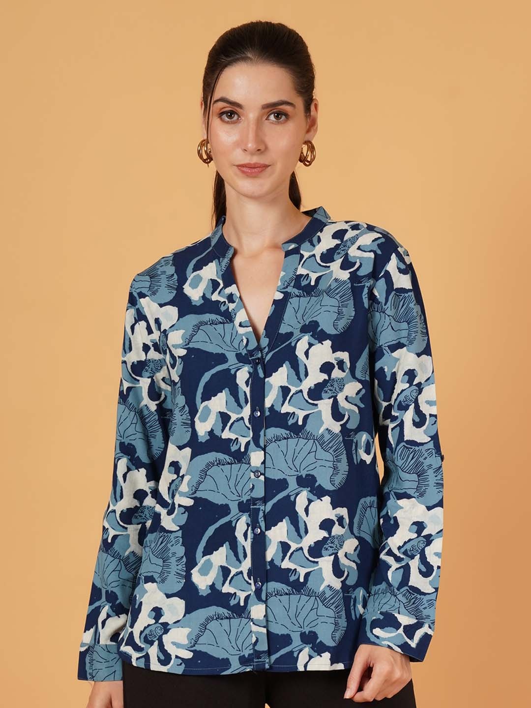 

Mast & Harbour Women Abstract Printed Mandarin Collar Cotton Top, Navy blue