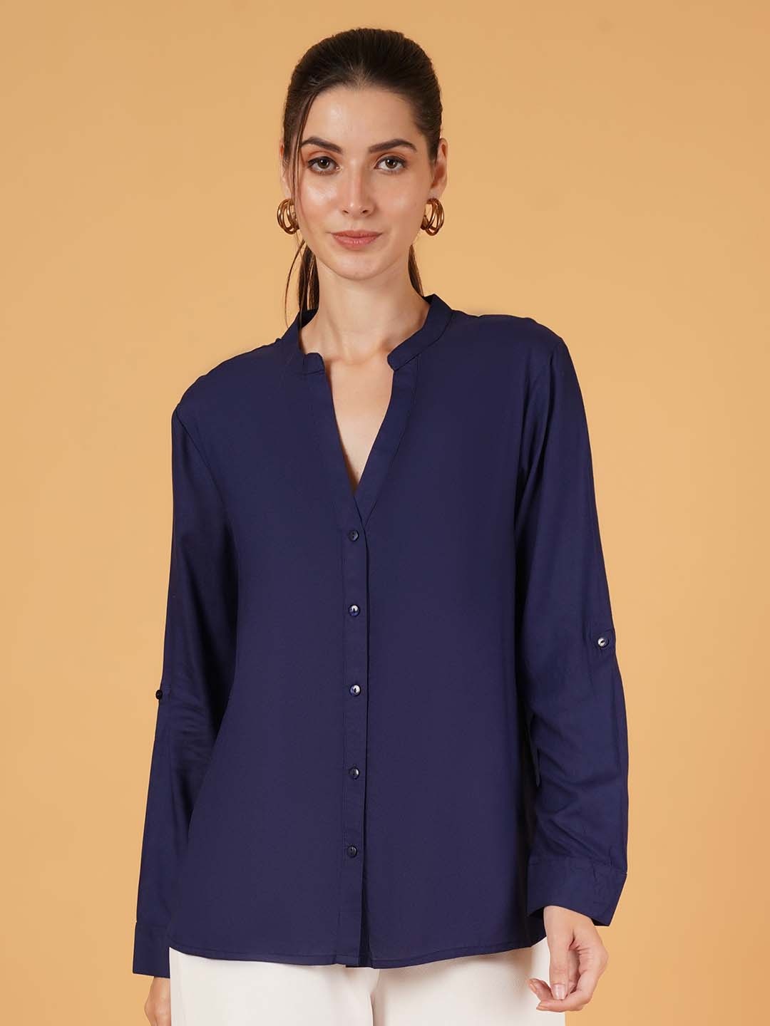 

Mast & Harbour Women Solid Mandarin Collar Cotton Top, Navy blue