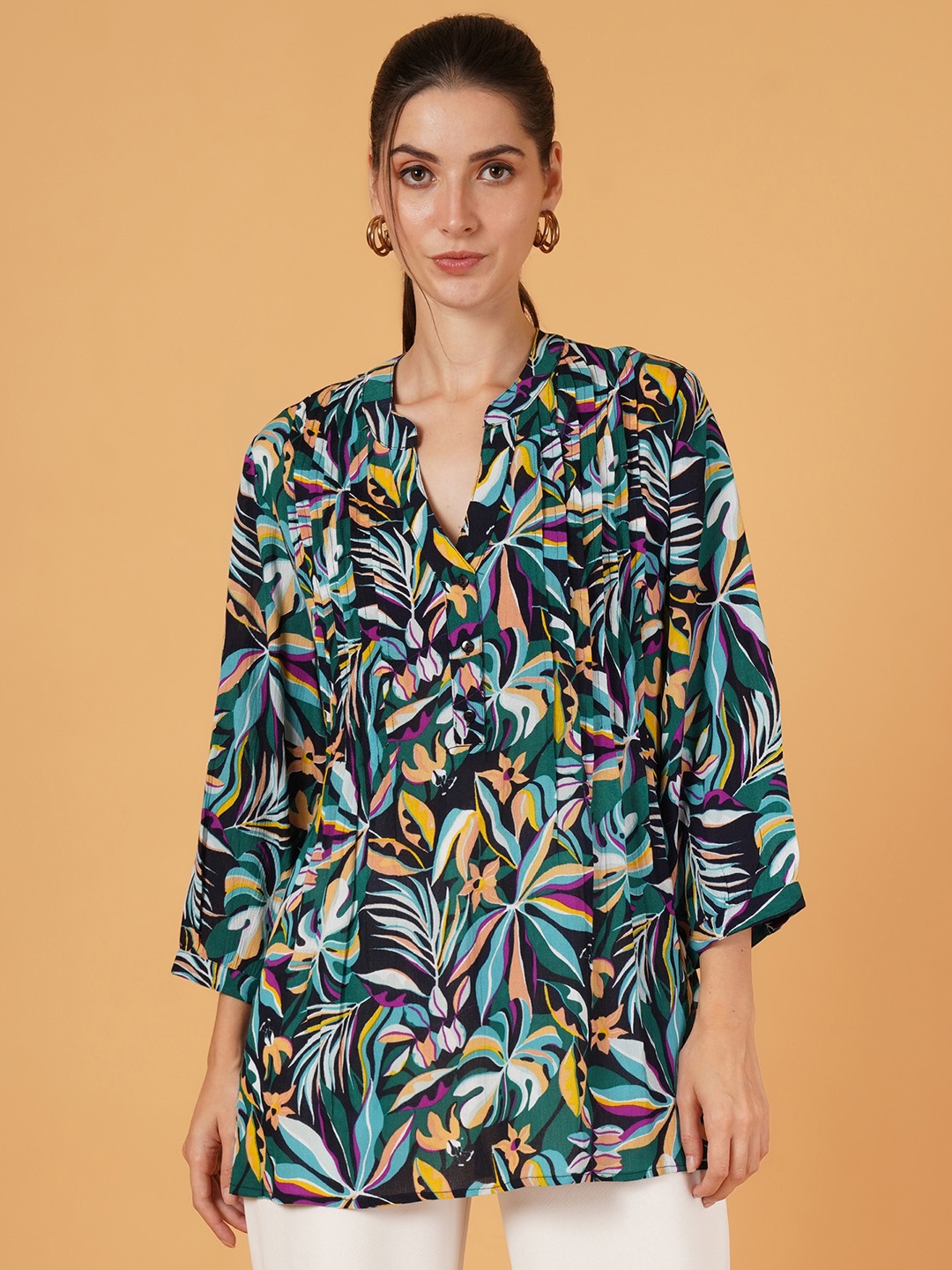

Mast & Harbour Women Abstract Printed Mandarin Collar Top, Green