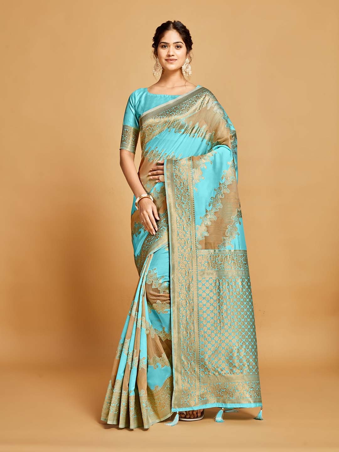 

MAHALASA Ethnic Motifs Woven Design Zari Saree, Turquoise blue