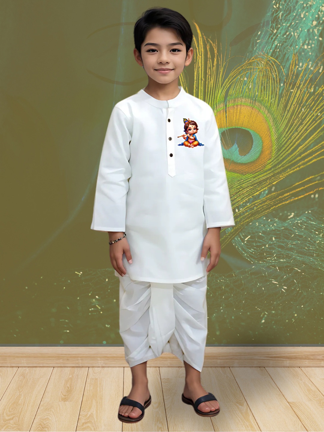 

DEVOILER Boys Ethnic Motifs Printed White Romance Kurta