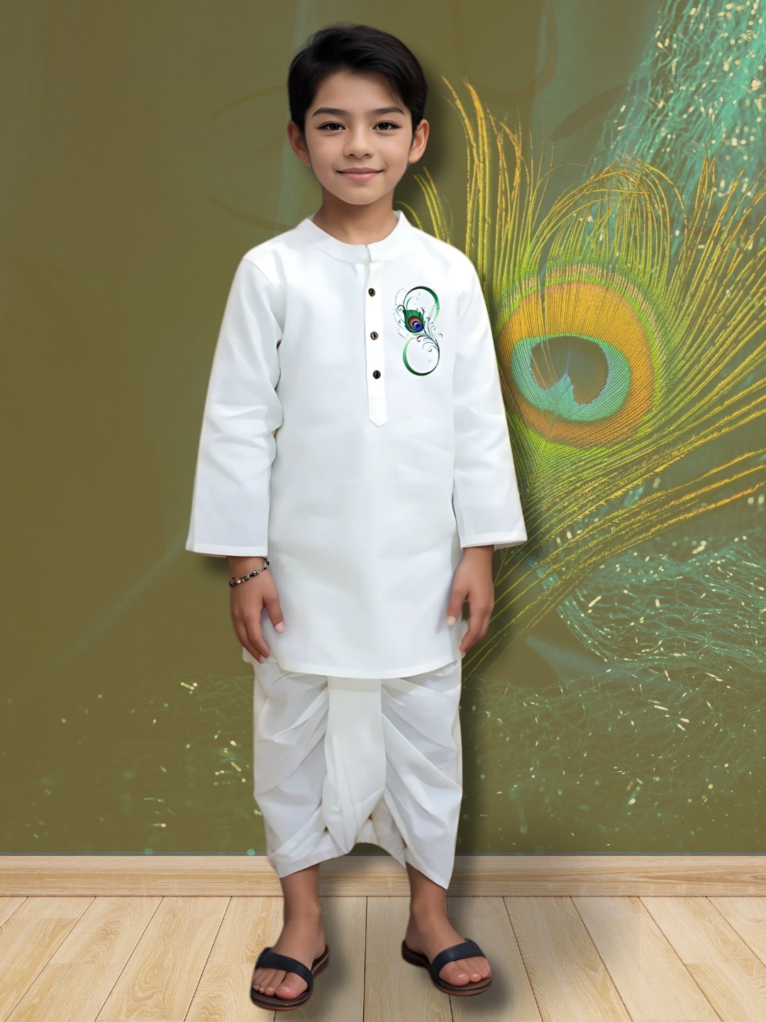 

DEVOILER Boys Cotton Ethnic Motifs Printed Mandarin Collar White Romance Kurta