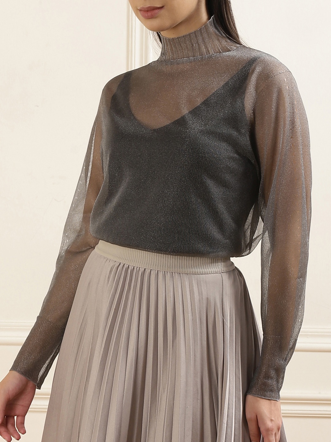 

Ted Baker Women Solid Sheer High Neck Top, Grey