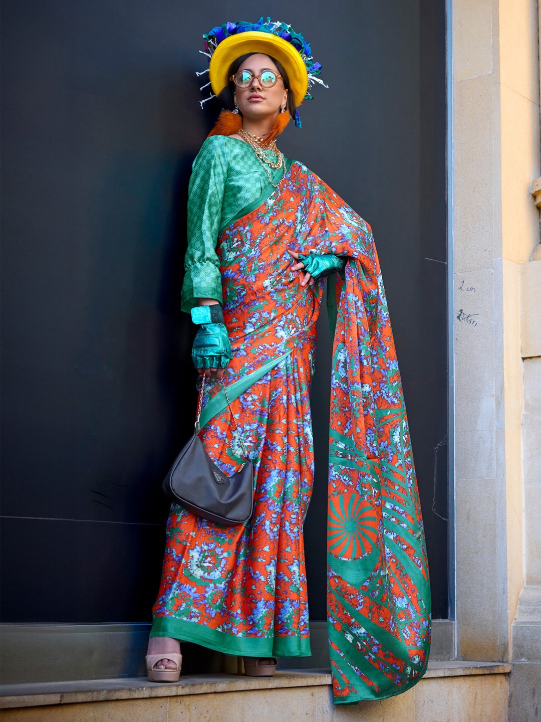 

Mitera Abstract Printed Block Print Saree, Orange