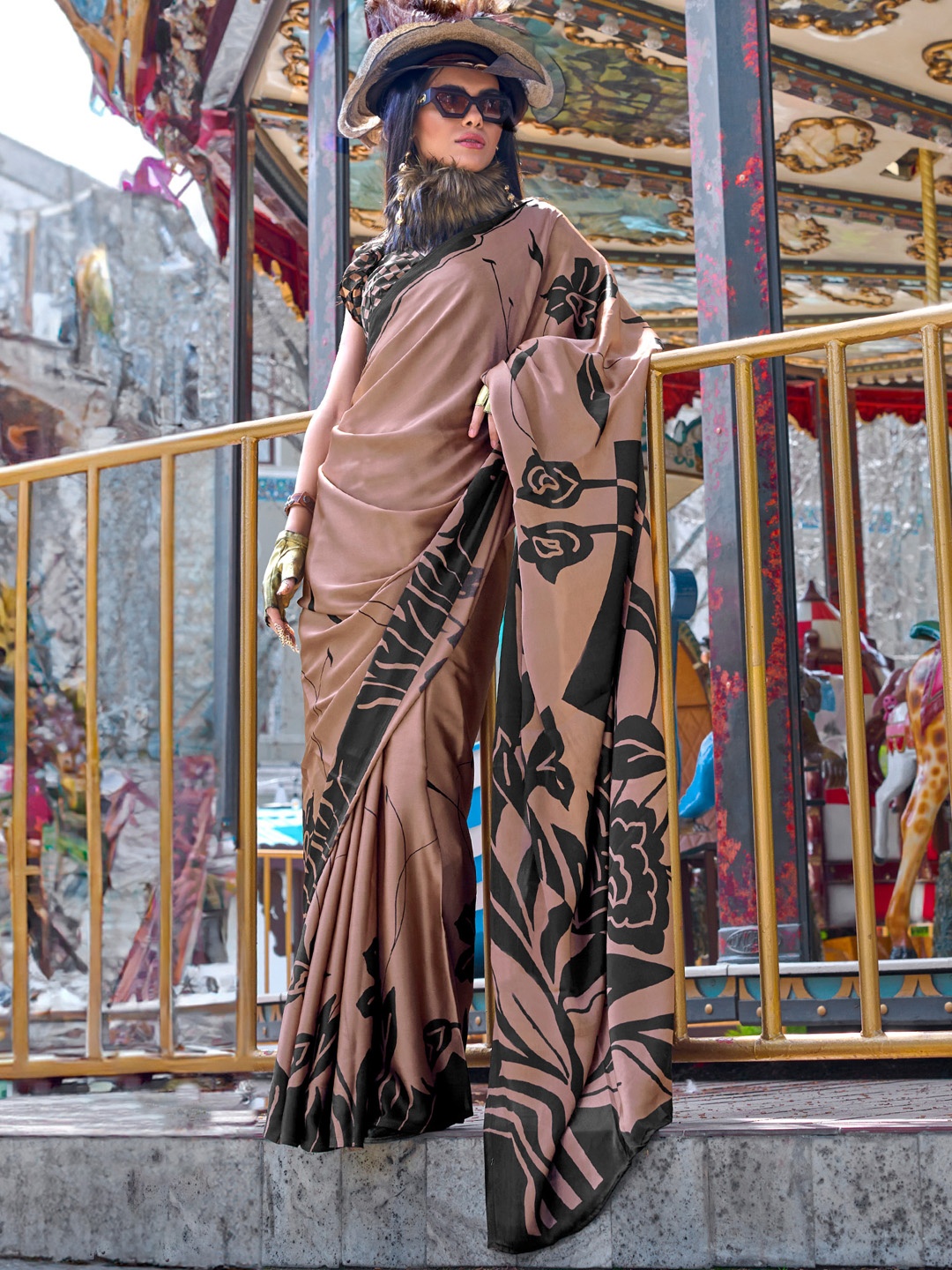 

Mitera Floral Block Print Saree, Brown