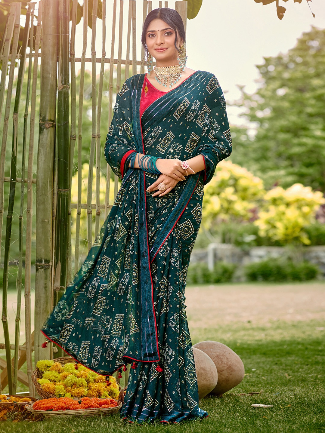 

Saree mall Ethnic Motifs Bandhani Sarees, Teal