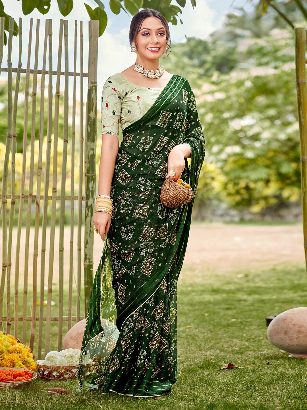 

Saree mall Ethnic Motifs Bandhani Sarees, Green