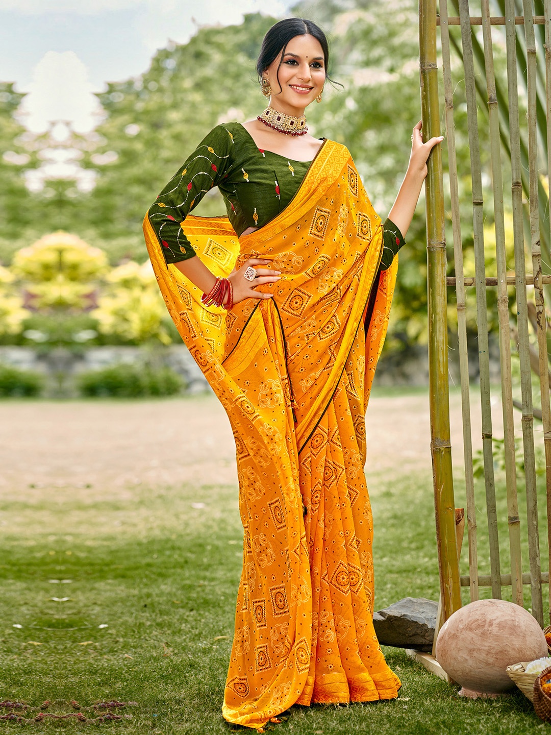 

Saree mall Ethnic Motifs Bandhani Sarees, Yellow