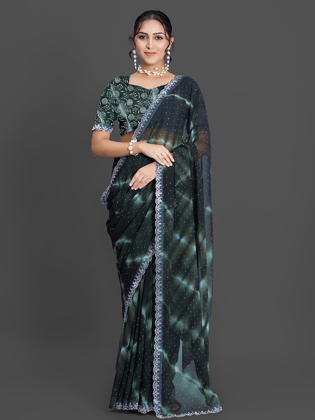 

NIRMAL CREATION Tie and Dye Beads and Stones Pure Georgette Saree, Green