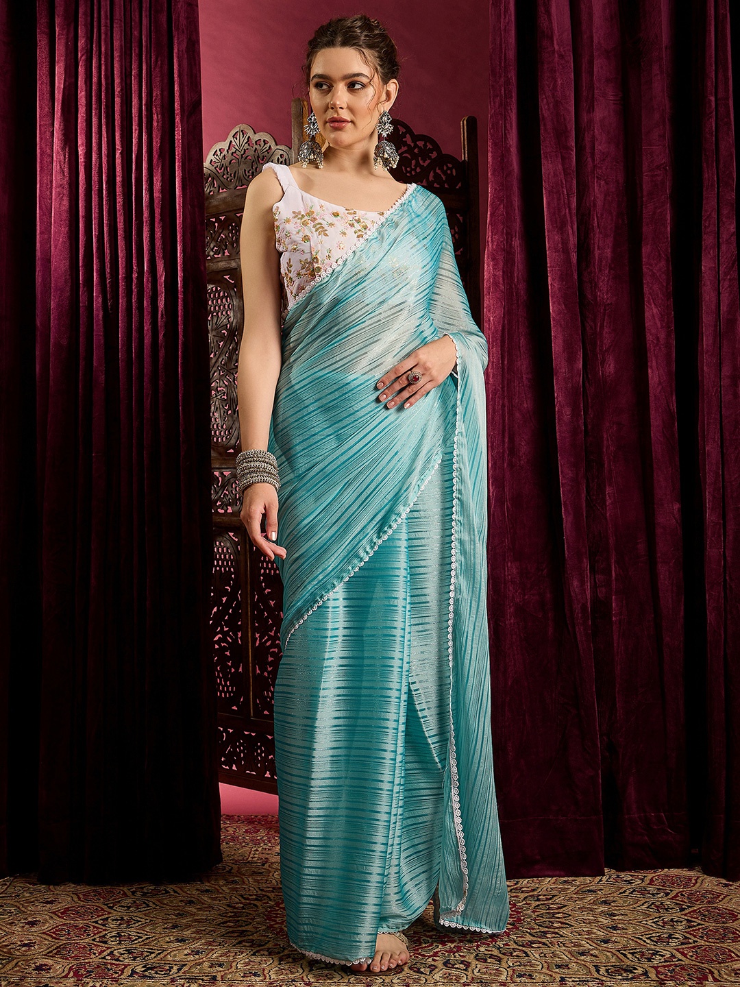 

Anouk Rustic Striped Embroidered Saree With Blouse Piece, Blue