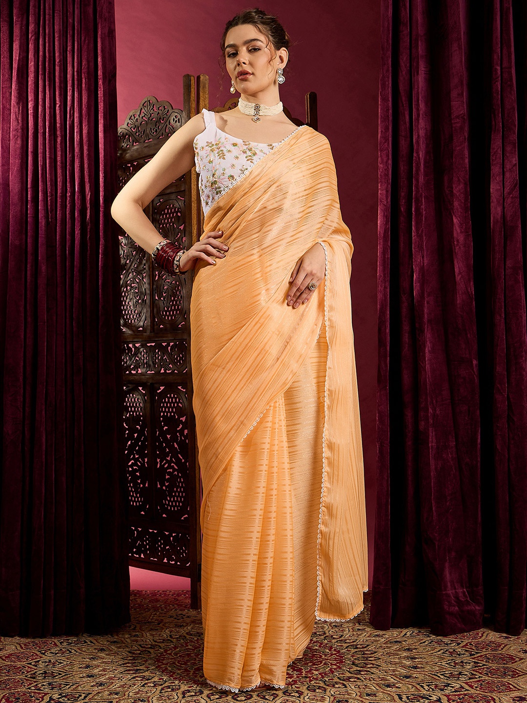 

Anouk Rustic Striped Embroidered Saree With Blouse Piece, Yellow