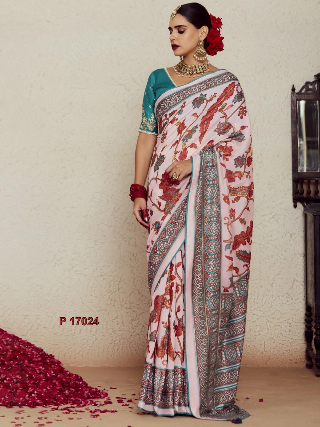 

KALINDI Ethnic Motifs Printed Brasso Paithani Saree, Rose