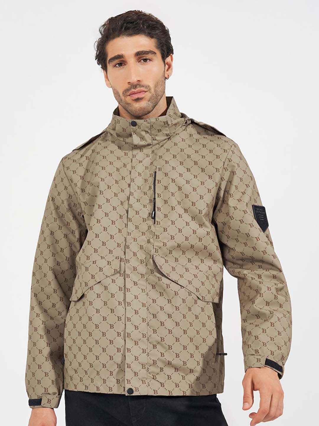 

Styli Men Typography Printed Hooded Concealed Pocket Detail Lined Parka Jacket, Khaki