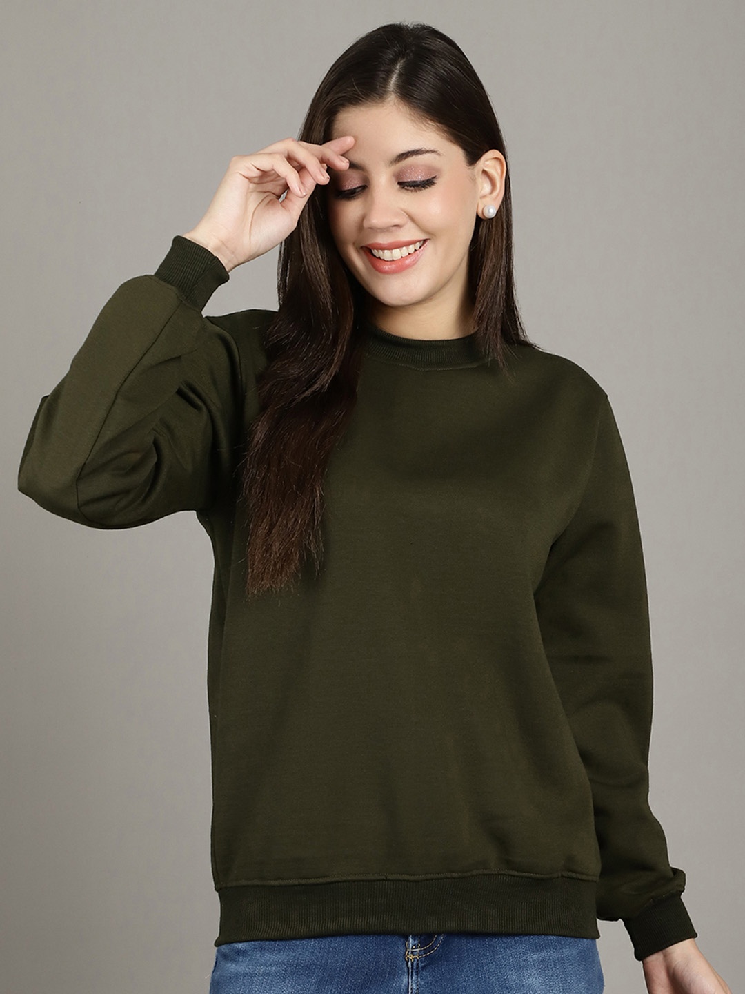 

GRACIT Women Solid Round Neck Fleece Pullover Ribbed Sweatshirt, Green
