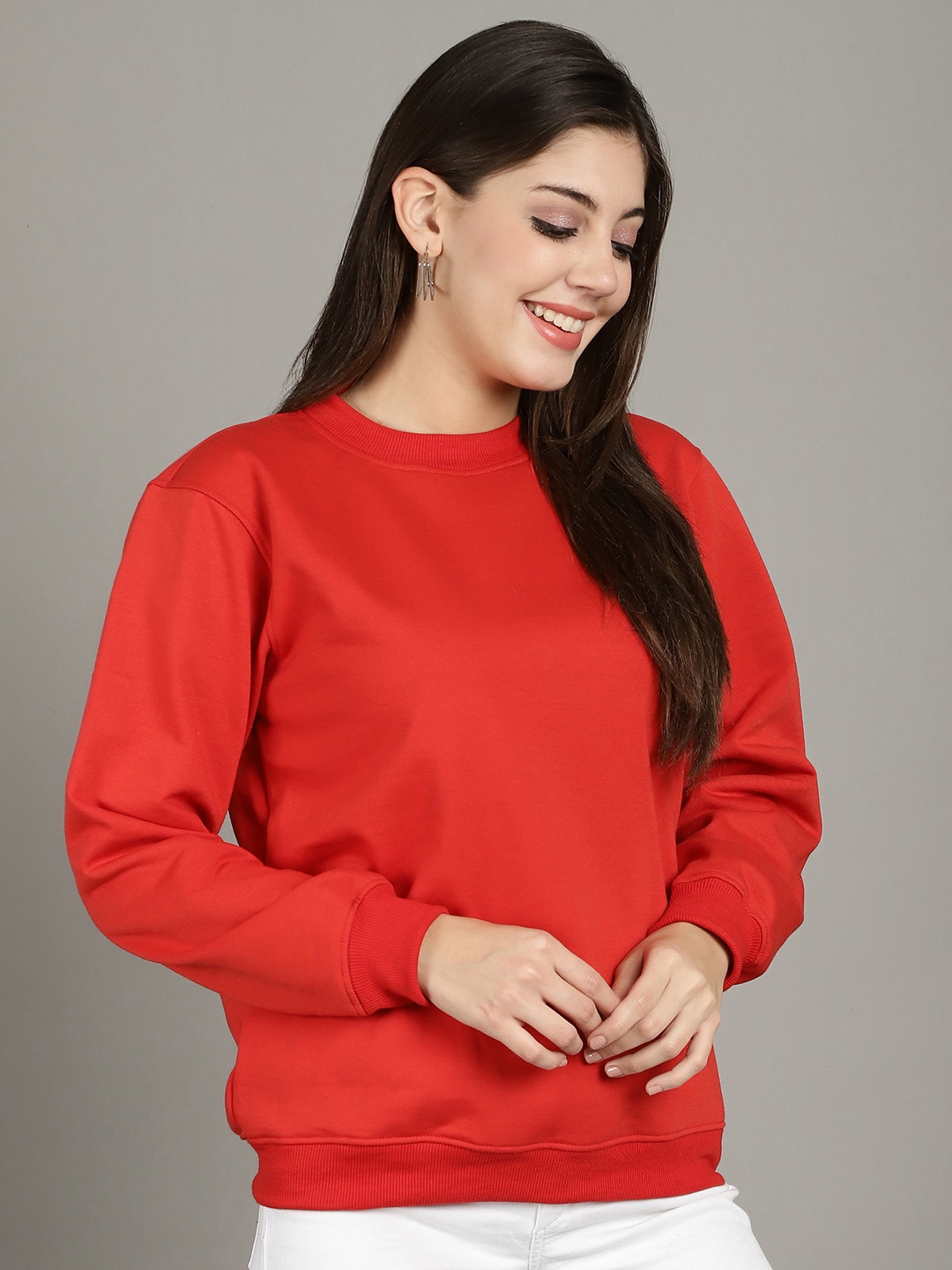 

GRACIT Women Solid Round Neck Fleece Pullover Ribbed Sweatshirt, Red