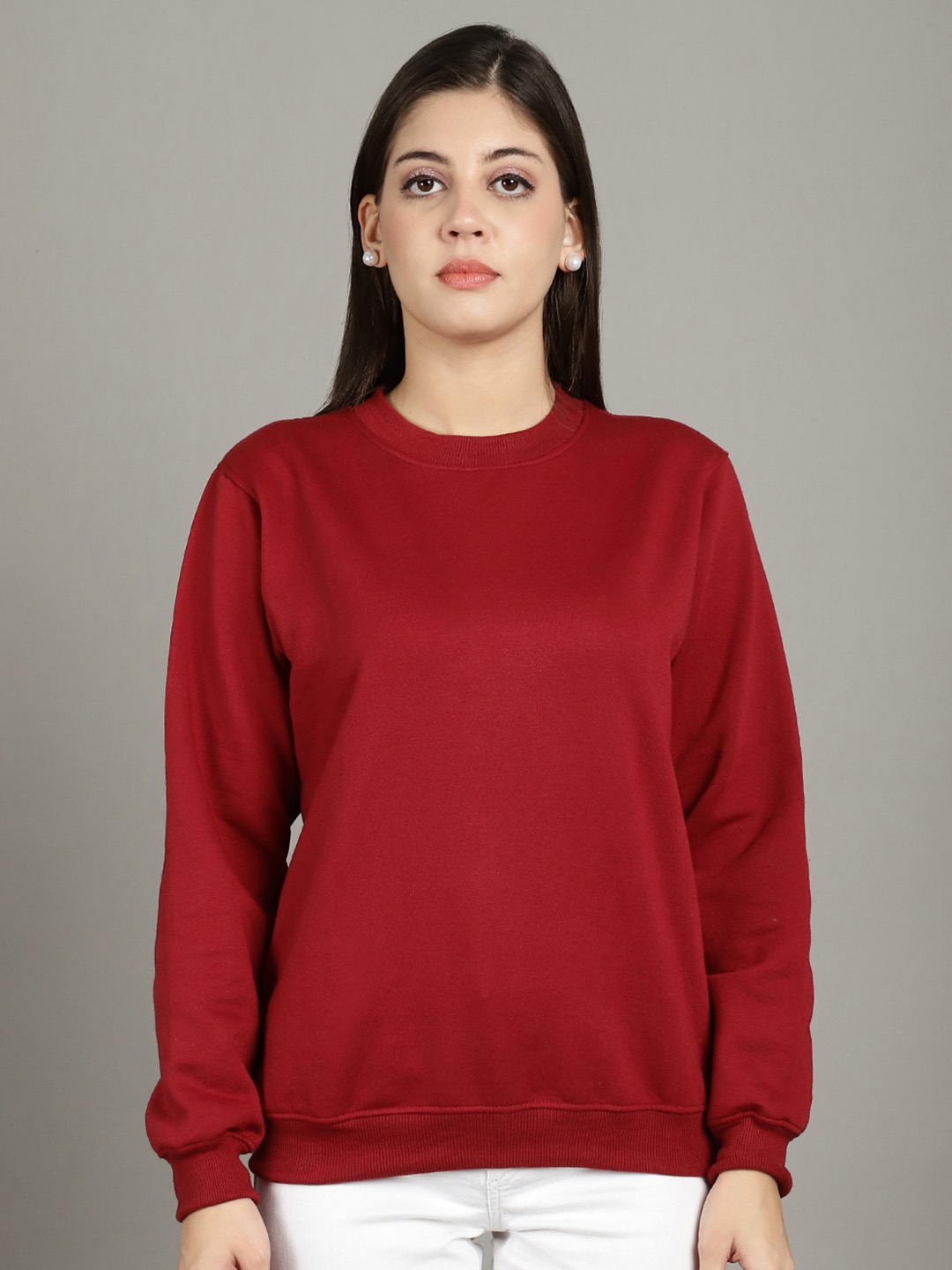 

GRACIT Women Solid Round Neck Fleece Pullover Ribbed Sweatshirt, Maroon