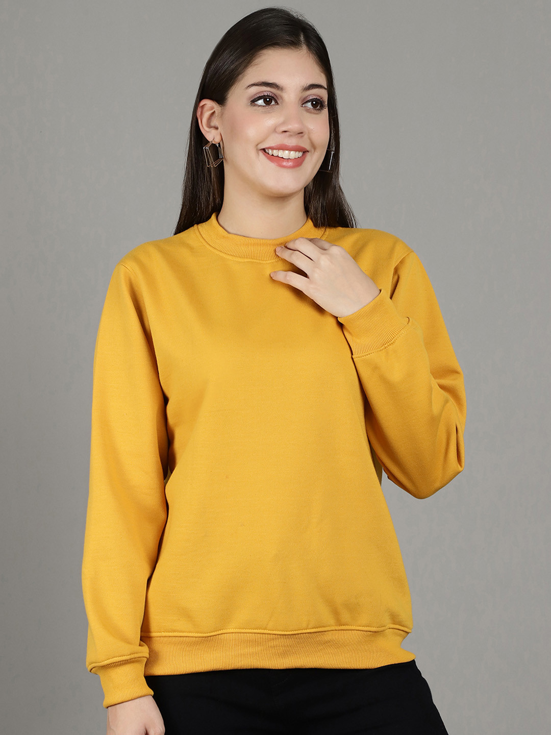 

GRACIT Women Solid Round Neck Fleece Pullover Ribbed Sweatshirt, Gold