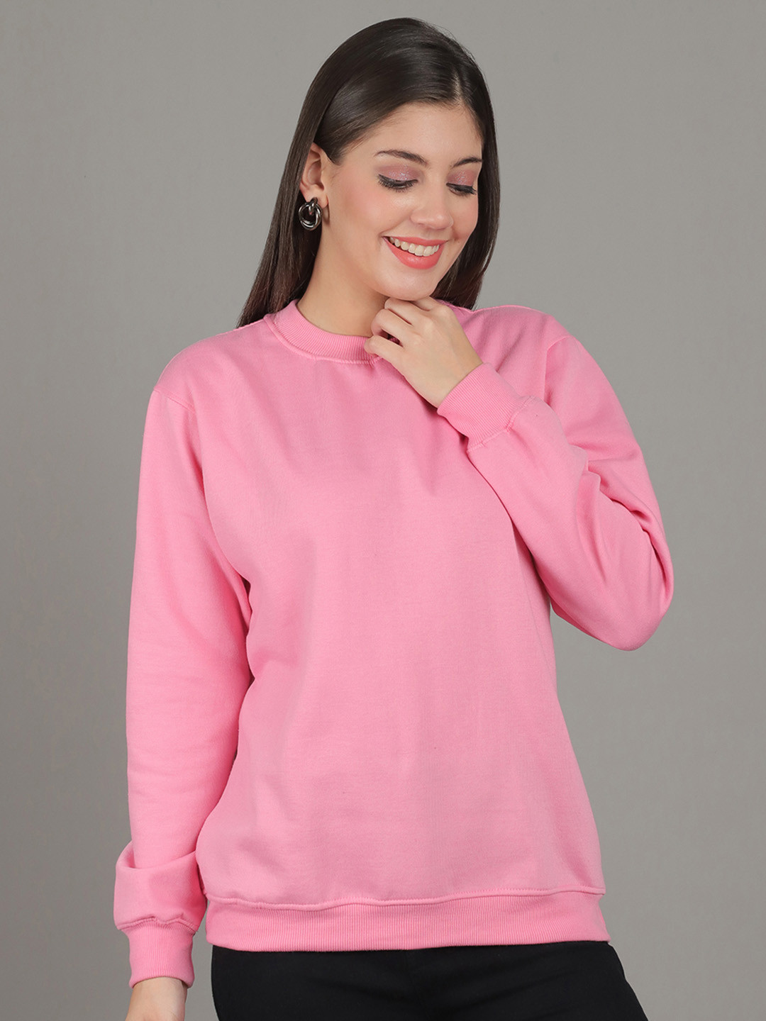 

GRACIT Women Solid Round Neck Fleece Pullover Ribbed Sweatshirt, Pink