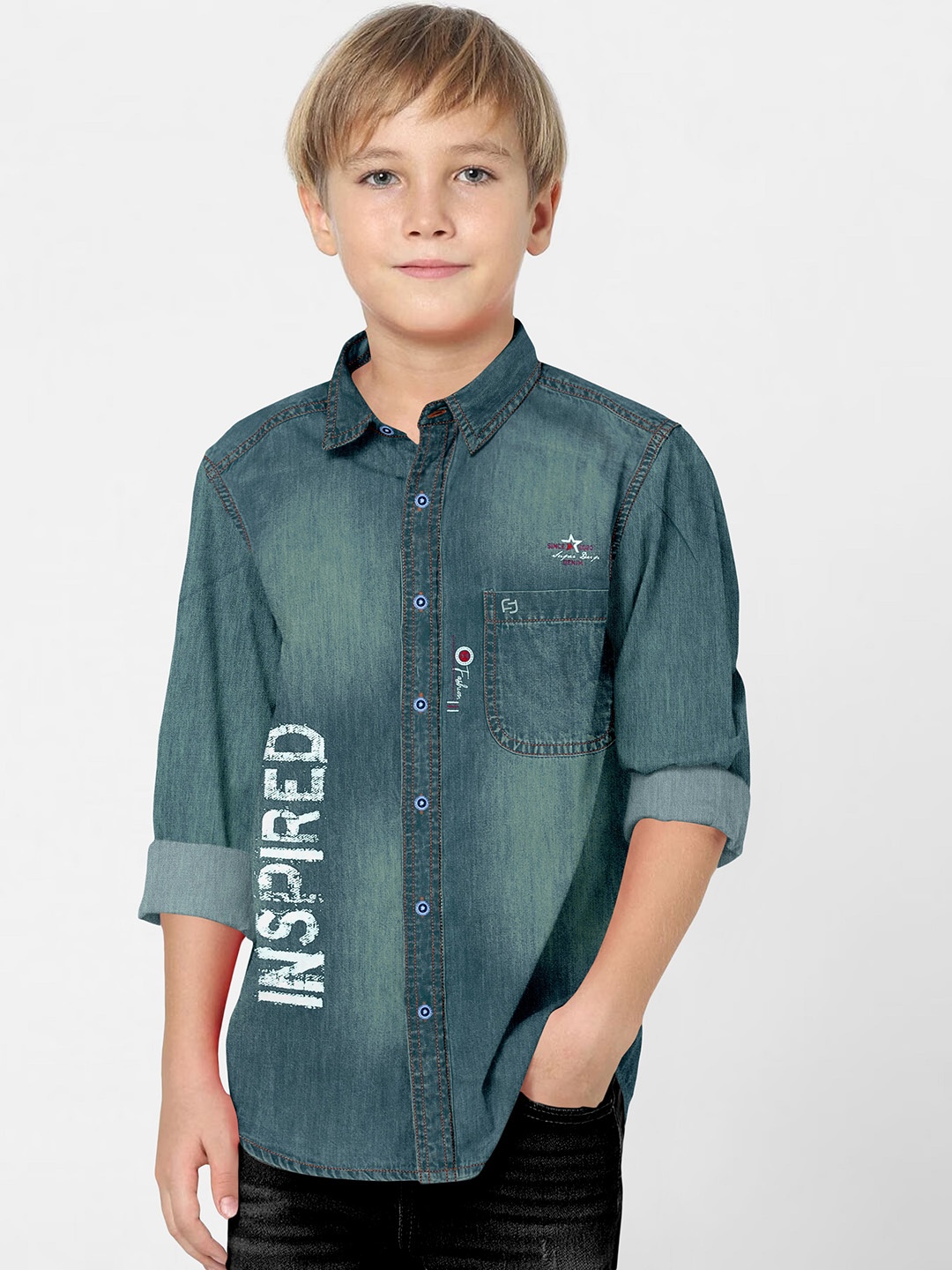 

FABFARM Boys Classic Spread Collar Faded Denim Casual Shirt, Green