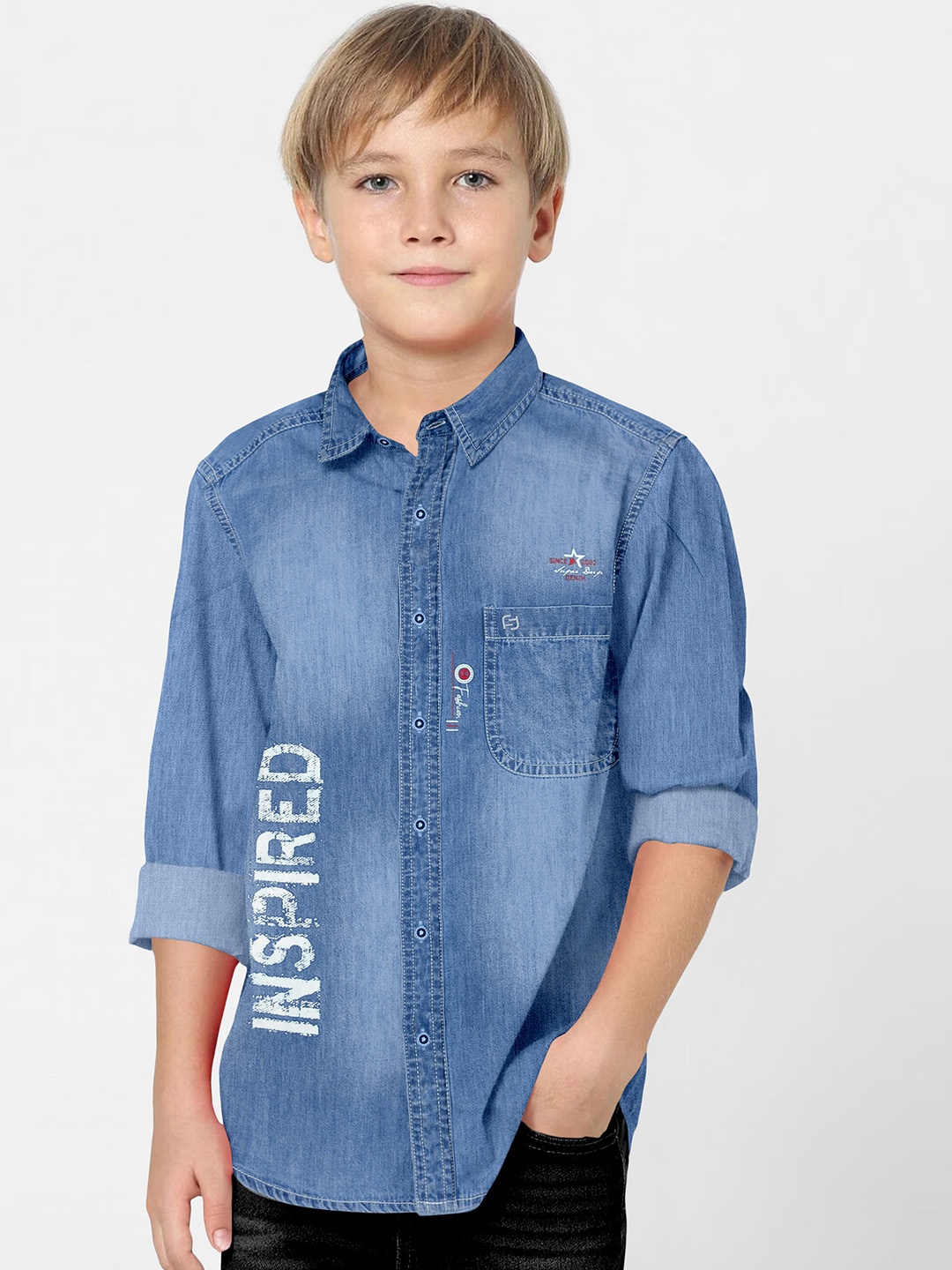 

FABFARM Boys Classic Spread Collar Faded Denim Casual Shirt, Blue