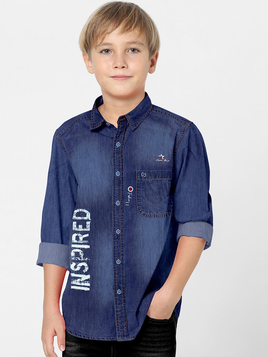 

FABFARM Boys Classic Spread Collar Faded Denim Casual Shirt, Navy blue
