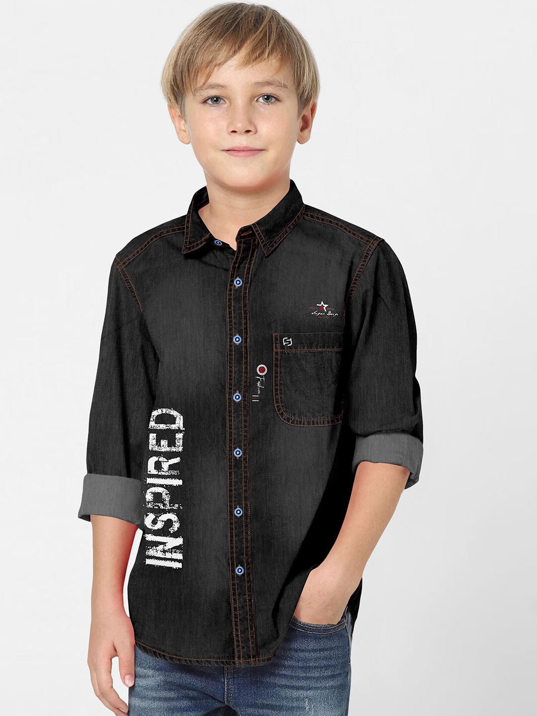 

FABFARM Boys Classic Spread Collar Solid Denim Casual Shirt, Black