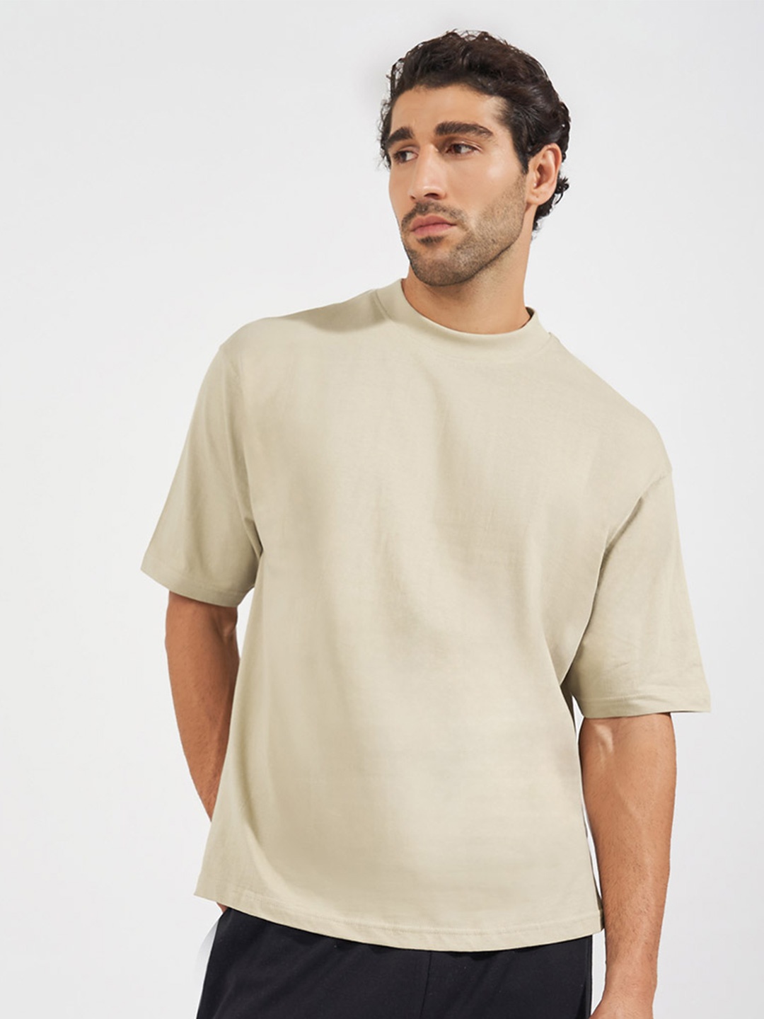

Styli Beige Mock Neck Drop-Shoulder Sleeves Oversized Cotton T-shirt