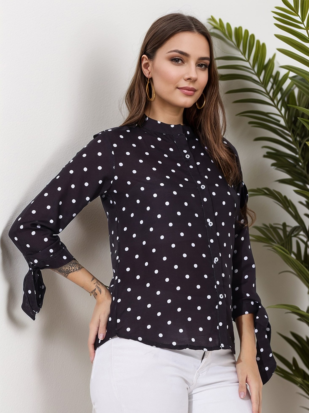 

DressBerry Women Polka Dot Print Mandarin Collar Top, Black