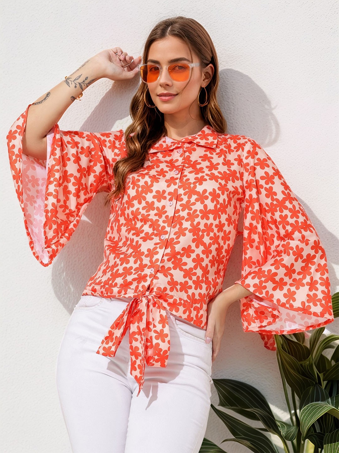 

DressBerry Women Floral Printed Bell Sleeve Shirt Style Crop Top, Orange