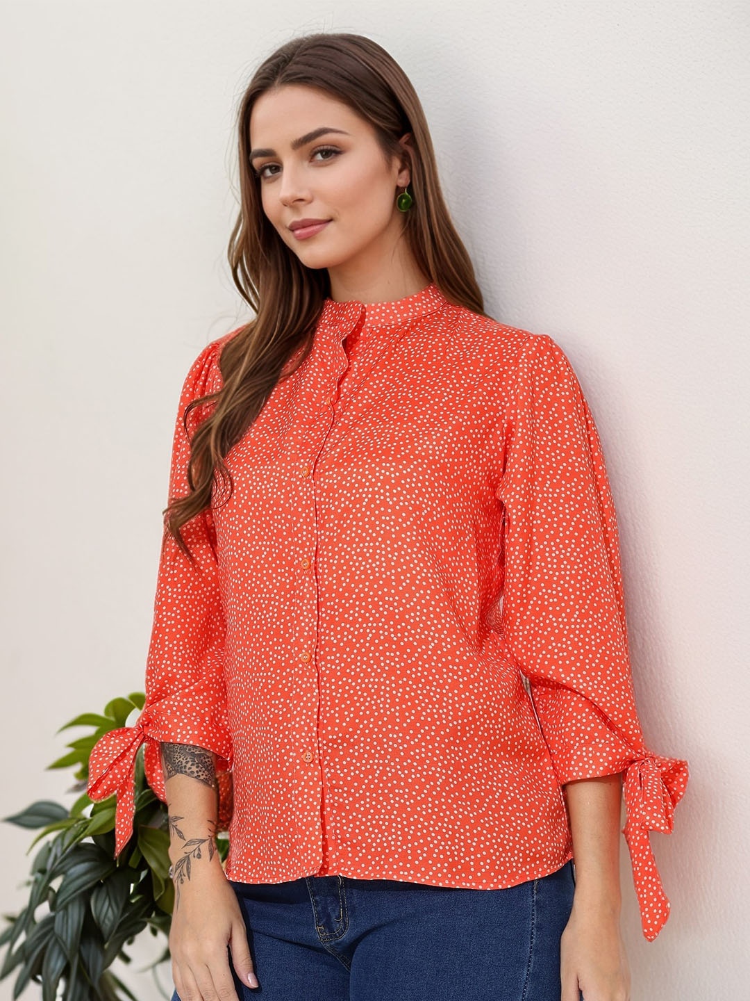 

DressBerry Women Polka Dot Printed Mandarin Collar Puff Sleeve Top, Orange