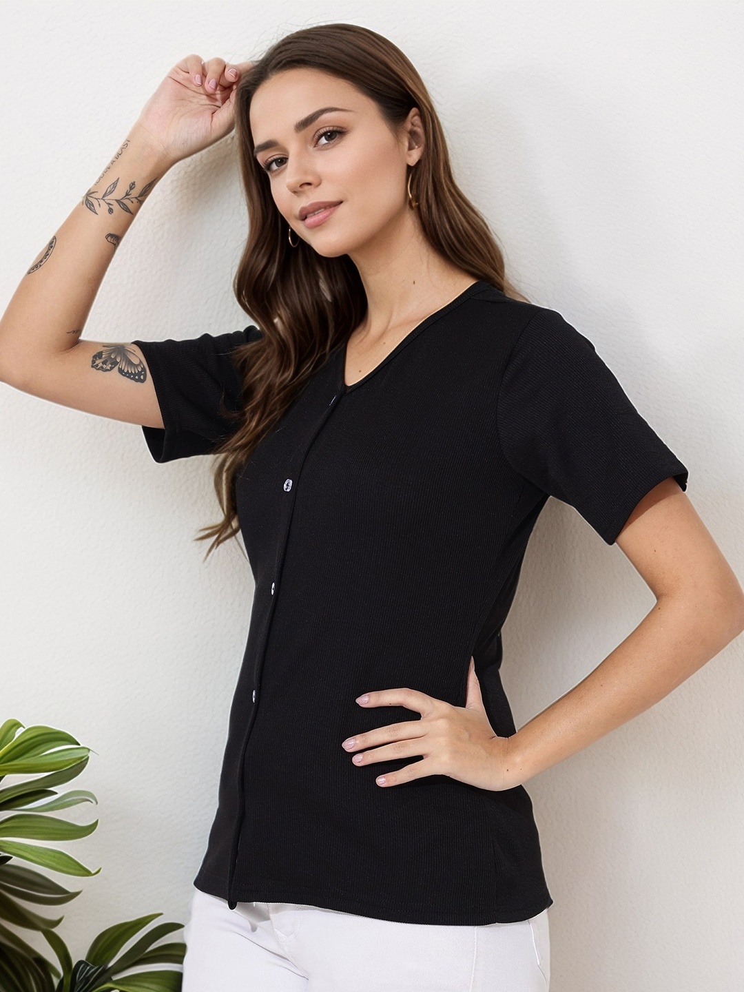 

DressBerry Women Solid Collarless Shirt, Black