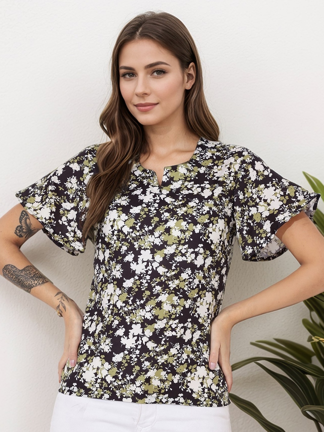 

DressBerry Women Floral Printed Bell Sleeve Top, Black
