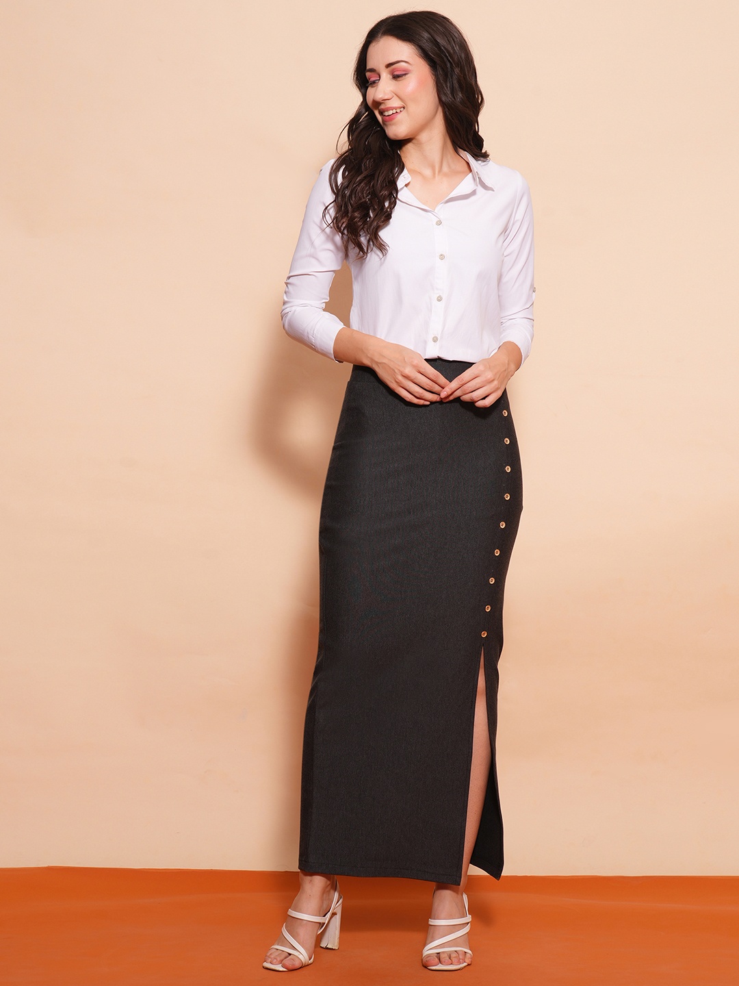 

Globus Mid-Rise Side Slit Button Detailing Maxi Pencil Skirt, Charcoal