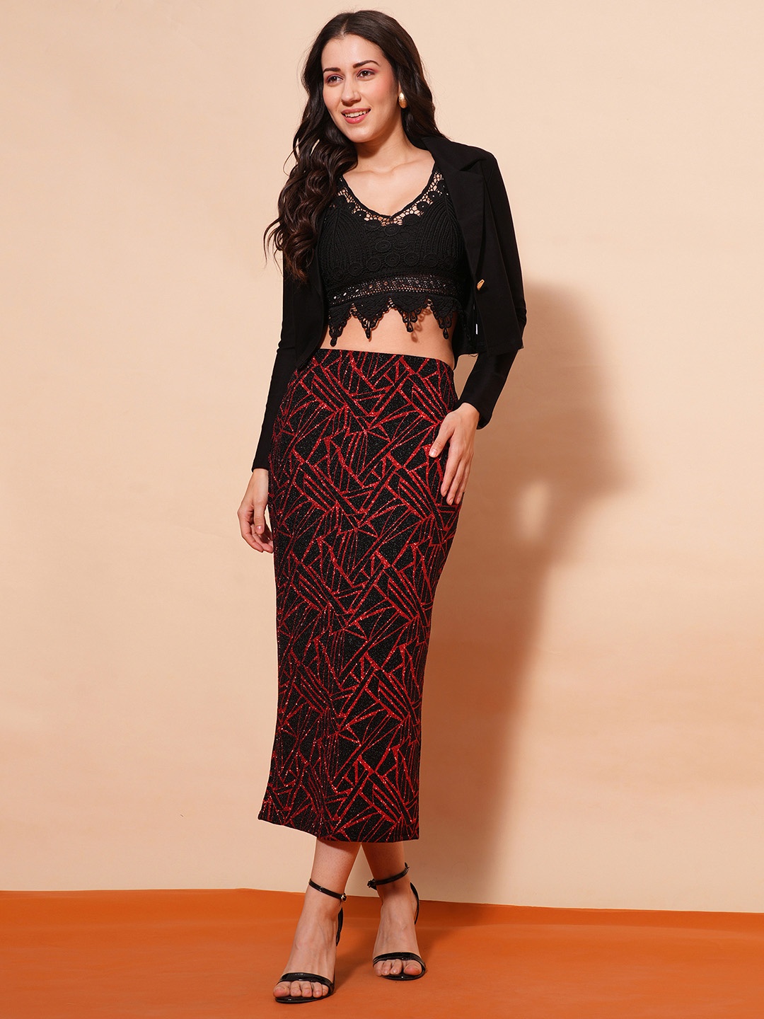 

Globus Printed Mid-Rise Back Slit Pencil Midi Skirt, Black