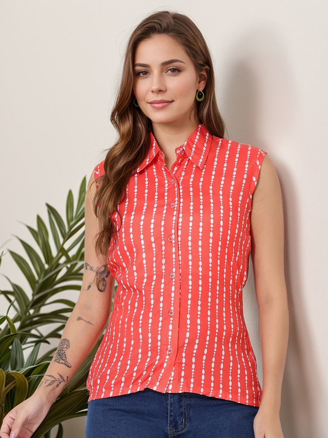 

DressBerry Women Classic Spread Collar Striped Casual Shirt, Orange