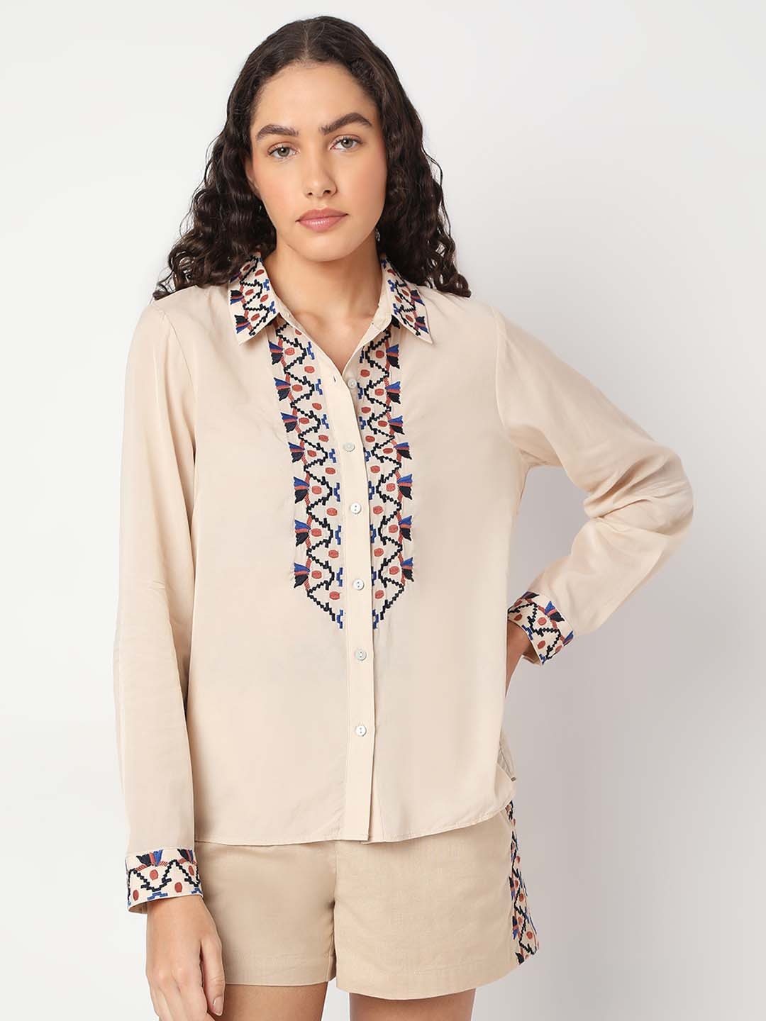 

Vero Moda Women Spread Collar Ethnic Motifs Printed Cotton Casual Shirt, Beige