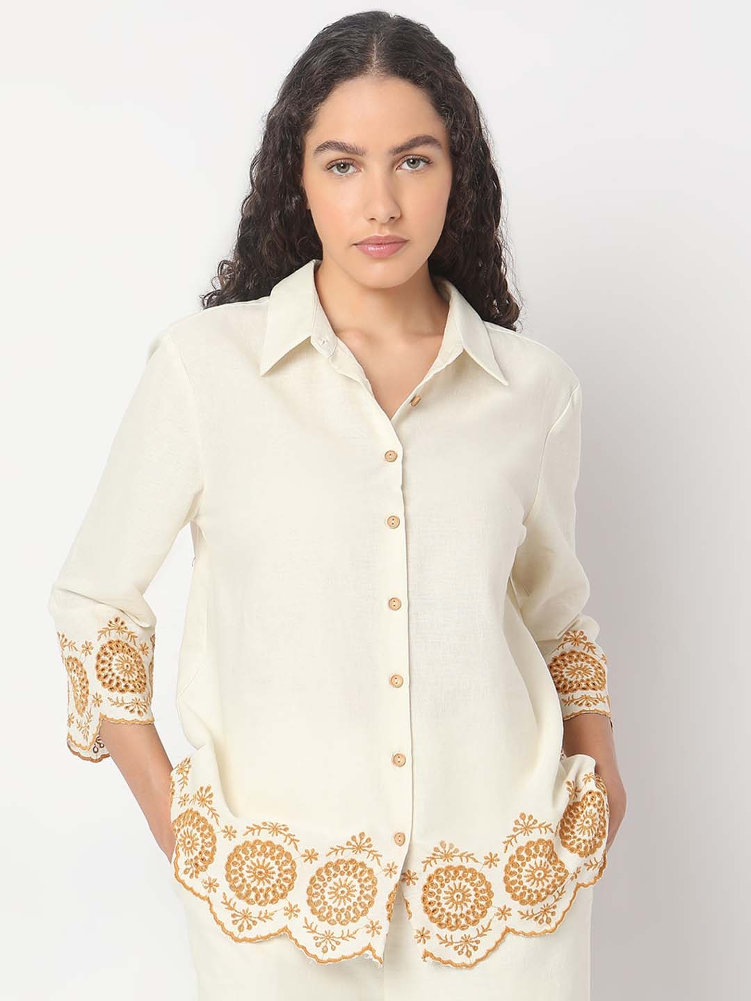 

Vero Moda Women Spread Collar Solid Cotton Casual Shirt, Beige
