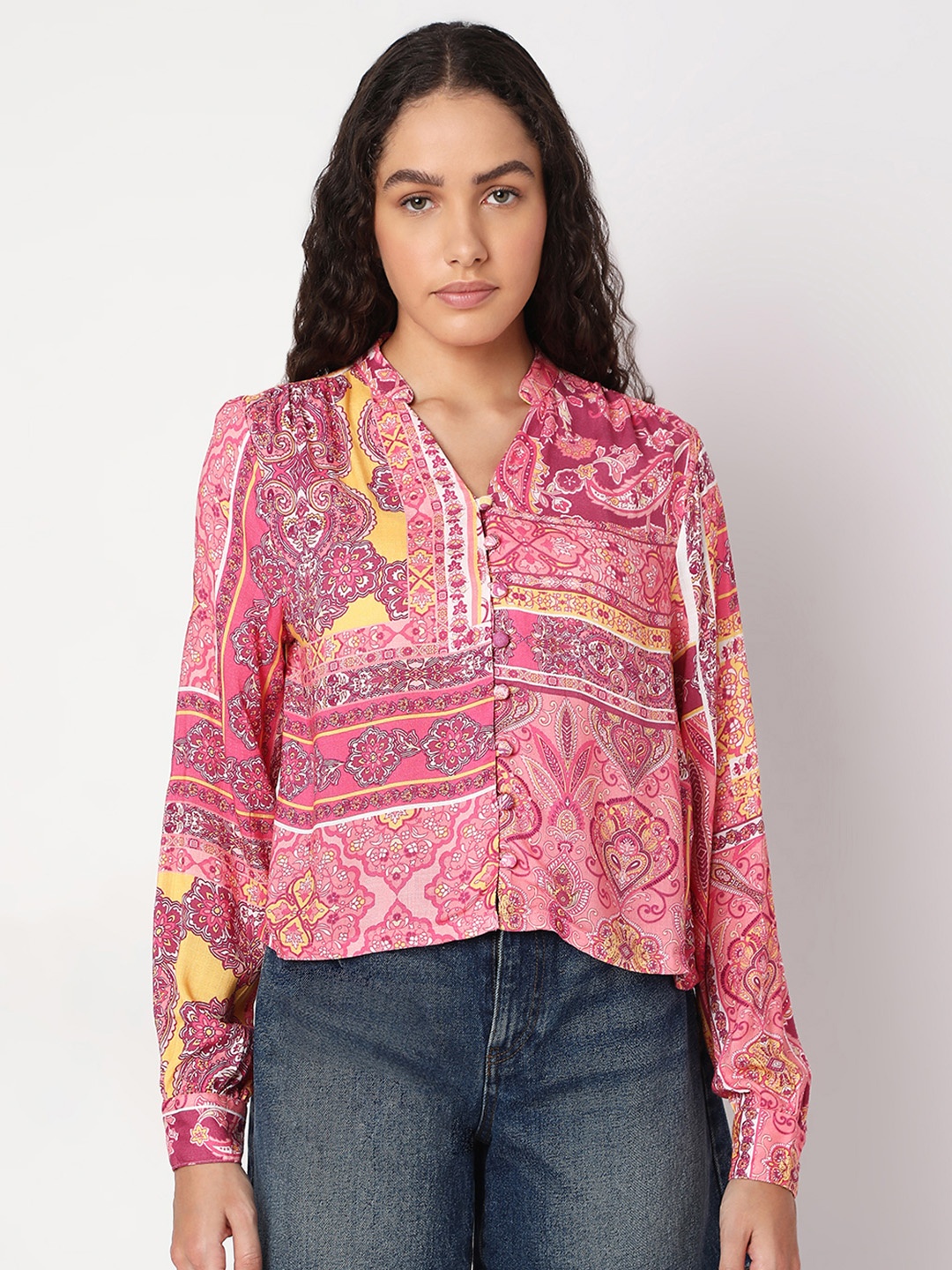 

Vero Moda Women Ethnic Motifs Printed Mandarin Collar Top, Pink