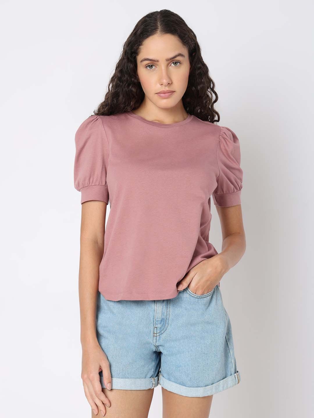 

Vero Moda Women Solid Round Neck Cotton Top, Pink