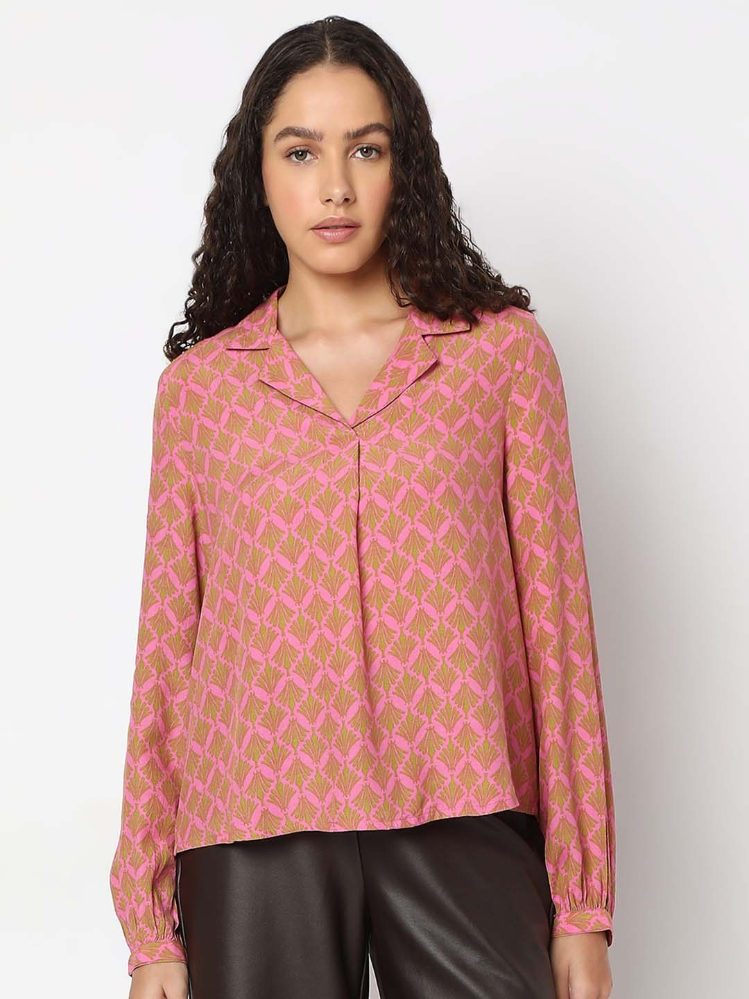 Vero Moda Women Ethnic Motifs Printed Lapel Collar Top, Pink
