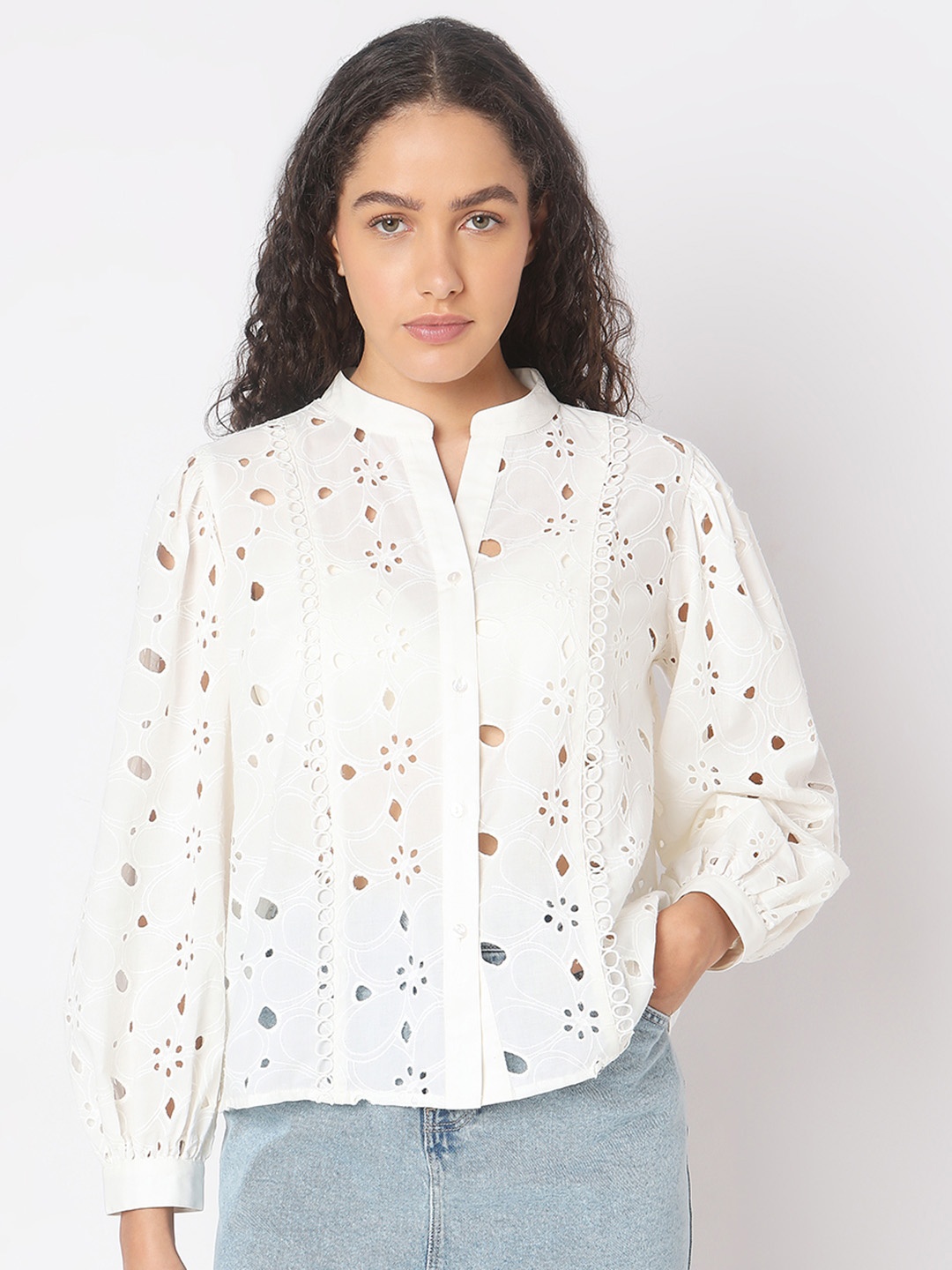 

Vero Moda Women Self Design Mandarin Collar Cotton Top, White