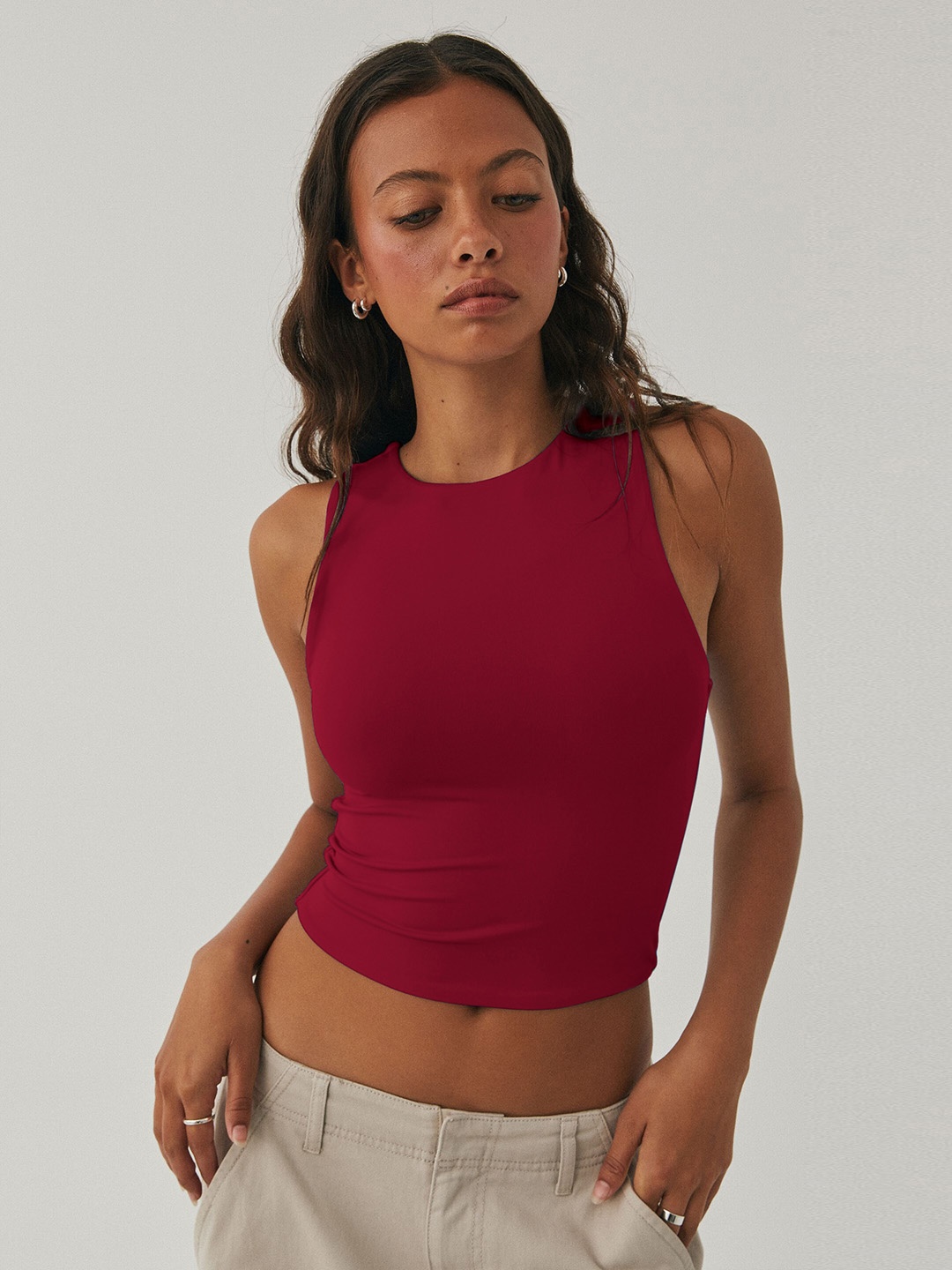 

HERE&NOW Women Solid Round Neck Nylon Top, Maroon