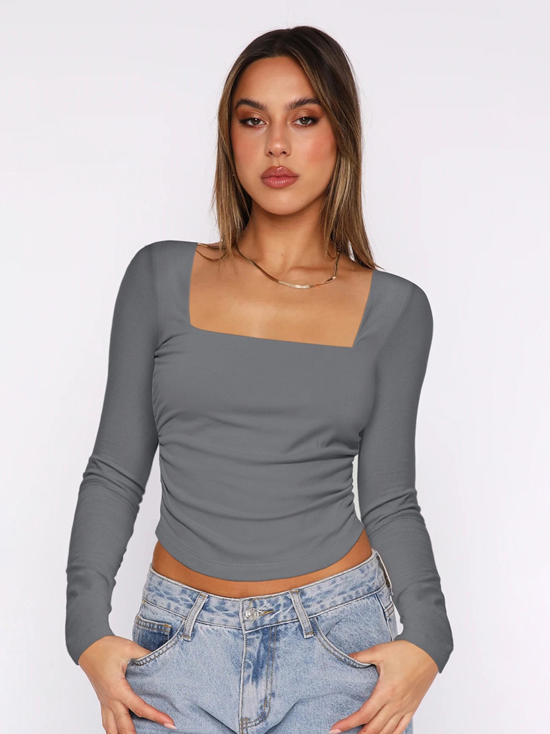 

HERE&NOW Women Solid Square Neck Nylon Top, Grey