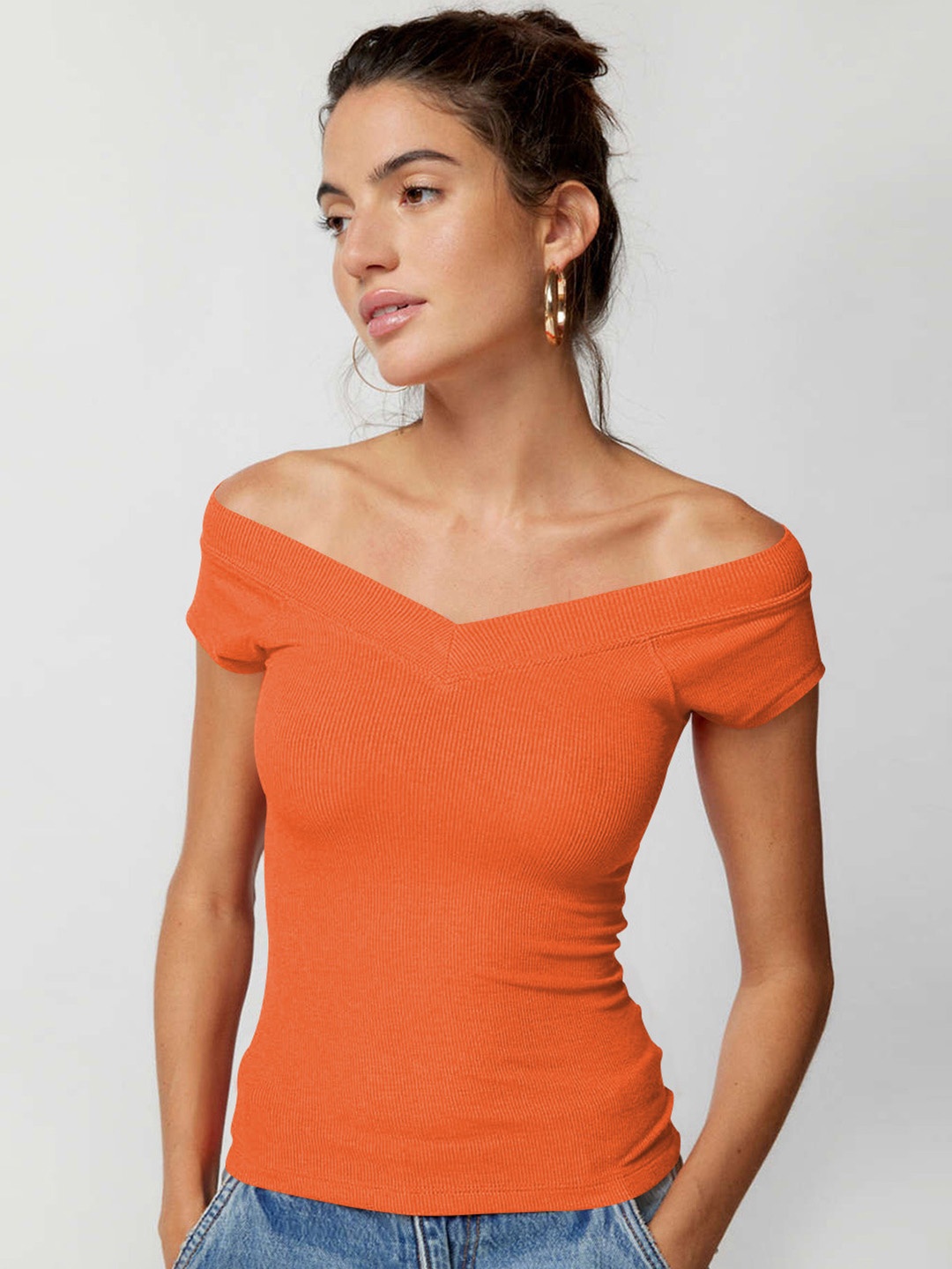 

HERE&NOW Women Solid Off-Shoulder Top, Orange