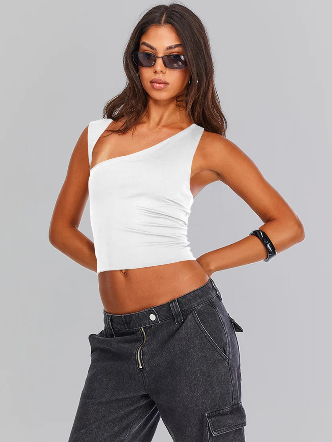 

HERE&NOW Women Solid One Shoulder Nylon Top, White