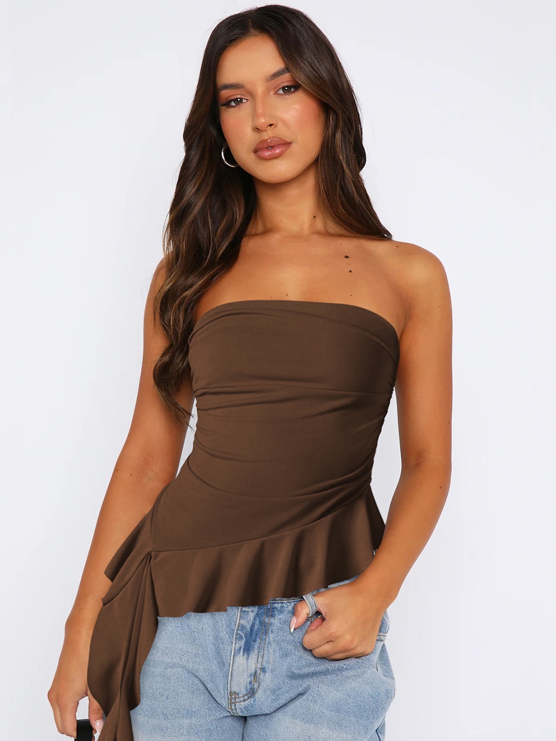 

HERE&NOW Women Solid Strapless Nylon Top, Brown